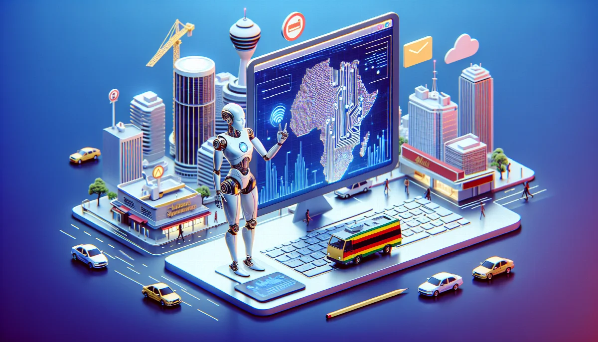 A robot presenting a circuit-board map of Africa on a screen rising from a city built on a keyboard — AI meeting humanity, the origin of the platform.